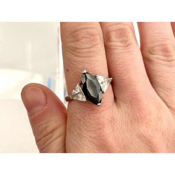 Black Onyx Marquise Cut Trillion Cut CZ 925 Sterling Silver Vintage Ring - sz 10 - Picture 5 of 15